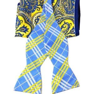The Tie Bar Silk Bow Tie Pocket Square Yellow Blue Preppy Plaid & Paisley